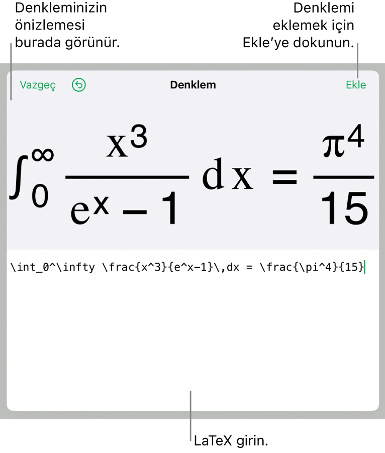 LaTeX komutları kullanılarak yazılmış bir denklemi ve onun üstünde formülün önizlemesini gösteren Denklem sorgu kutusu.