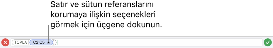 Hücre kopyalandığında veya taşındığında satır ve sütun referanslarının nasıl korunacağını gösteren bir Formül Düzenleyicisi.