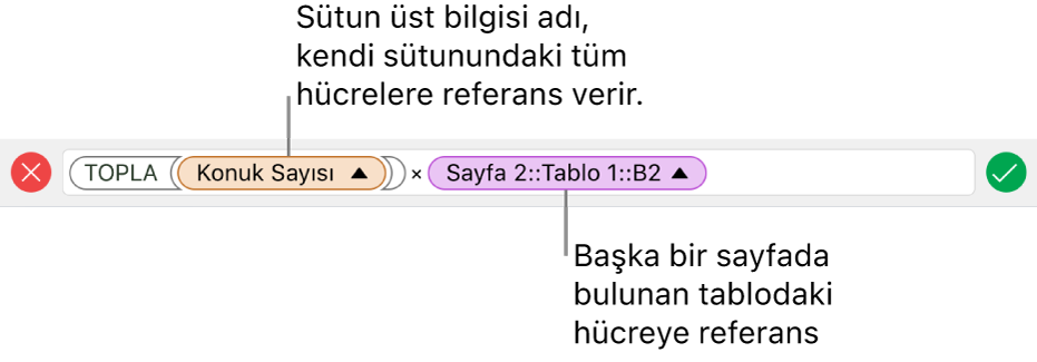 Bir tabloda sütuna ve başka bir tabloda hücreye başvuran bir formül gösteren Formül Düzenleyici.