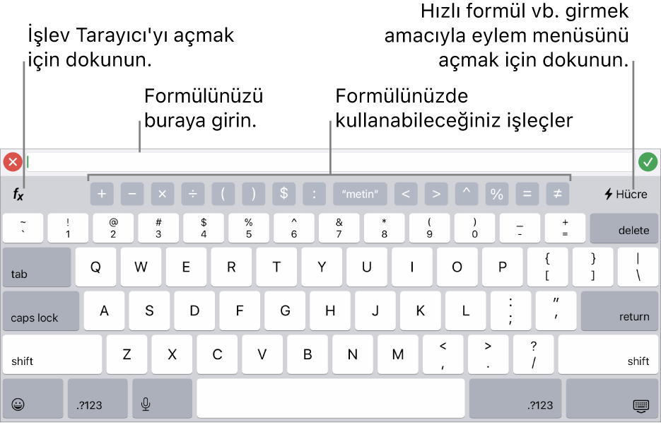 En üstte Formül Düzenleyici ile birlikte formül klavyesi ve onun altında formüllerde kullanılan işleçler. İşlev Tarayıcı’yı açmak için kullanılan İşlevler düğmesi işleçlerin solunda, Eylem menüsü düğmesi ise sağda.