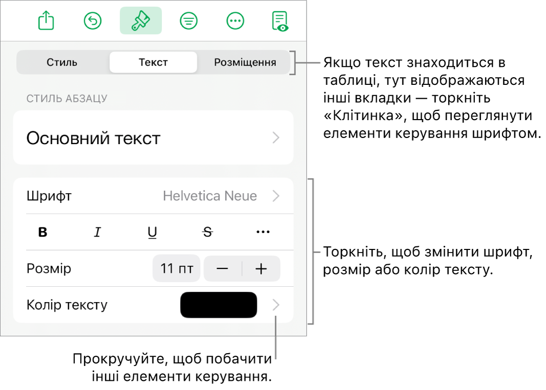 Елементи керування текстом у меню «Формат» для настроювання стилів абзацу й символів, шрифту, розміру та кольору.