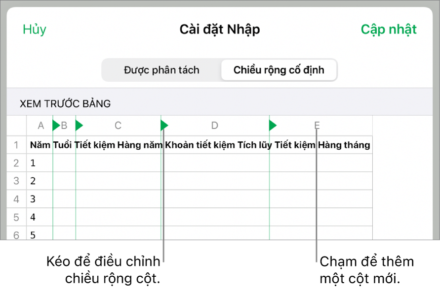 Cài đặt nhập cho tệp văn bản chiều rộng cố định.