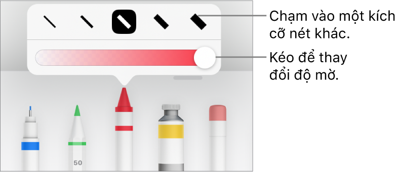 Các điều khiển để chọn một kích cỡ nét và thanh trượt để điều chỉnh độ mờ.