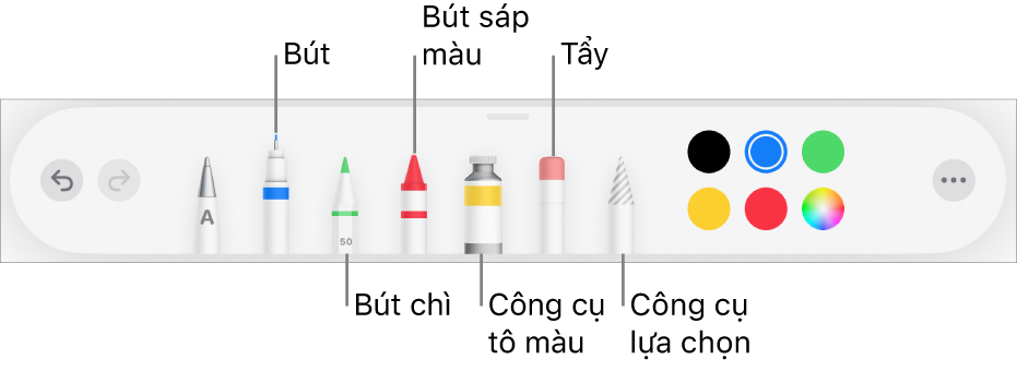 Thanh công cụ vẽ với bút, bút chì, bút sáp màu, công cụ tô màu, tẩy, công cụ chọn và ô màu hiển thị màu hiện tại. Ở phía xa bên phải là nút menu Thêm