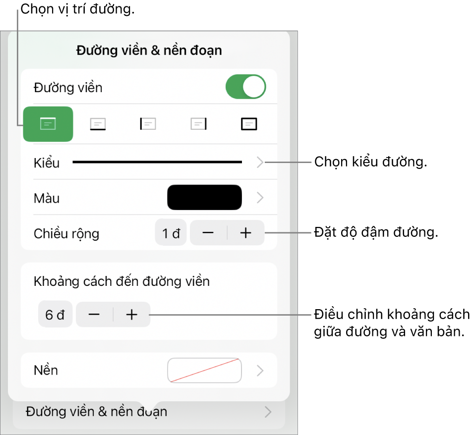 Các điều khiển để thay đổi kiểu đường, độ đậm, vị trí và màu.