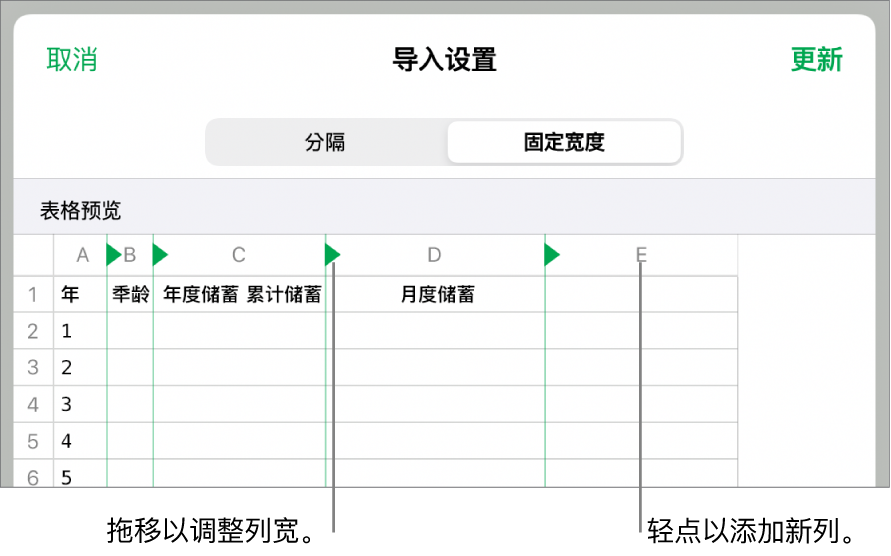 固定列宽的文本文件的导入设置。