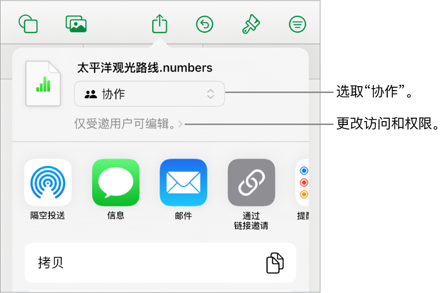“共享”菜单，顶部已选中“协作”，下方是访问和权限设置。