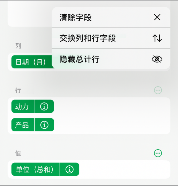 “更多字段选项”菜单，显示隐藏总计、交换列和行字段以及清除字段的控制。