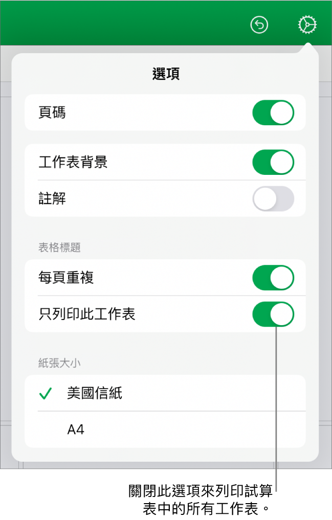 預覽列印面板，帶有以下控制項目：顯示頁碼、重複每頁標題、更改紙張大小，以及選擇要列印整份試算表或只列印目前的工作表。