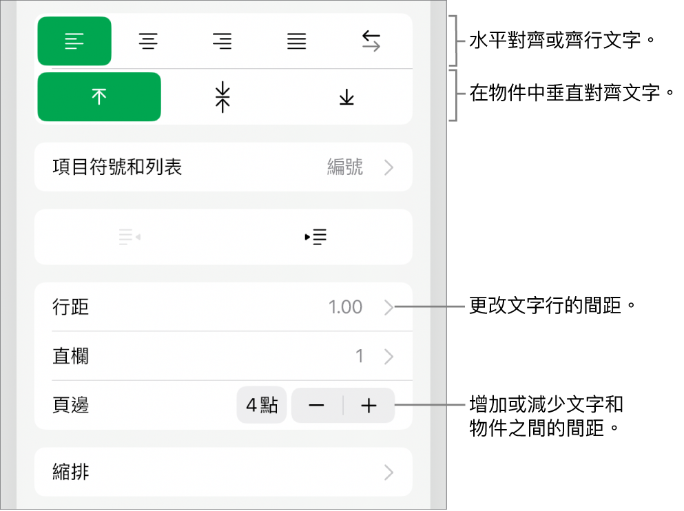 「格式」檢閱器的「佈局」部分，說明文字指向文字對齊方式和間距按鈕。