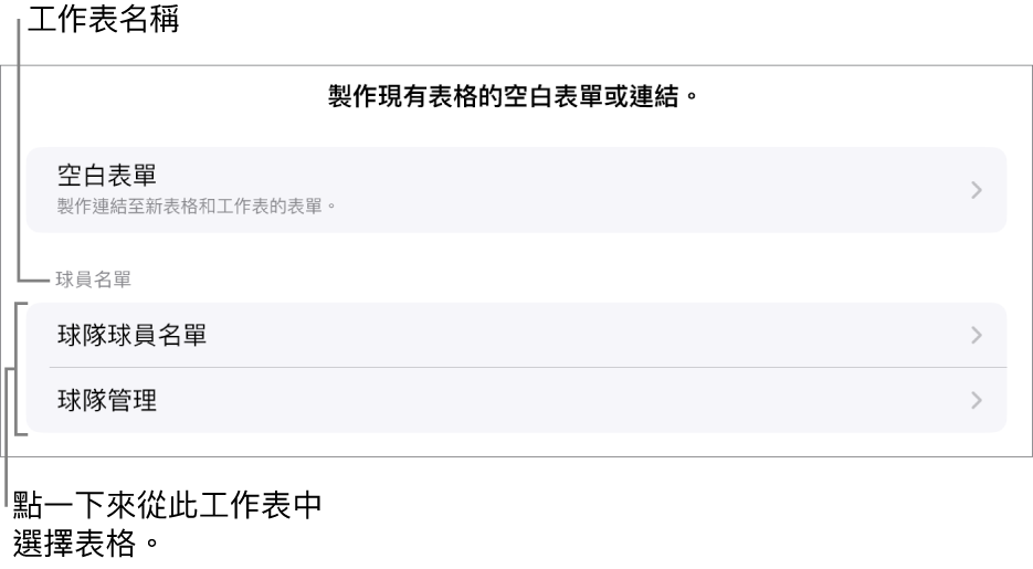 位於同一試算表中的表格列表，最上方為製作空白表單的選項。