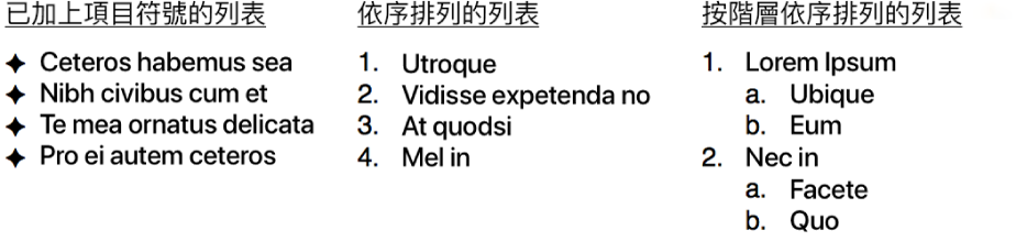 項目符號、排序和階層式列表的範例。