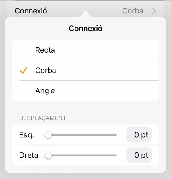Els controls Connexió amb l’opció Corba seleccionada.