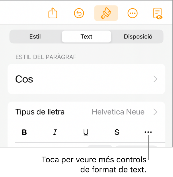 La pestanya Text dels controls de format amb una llegenda per al botó “Més opcions de text”.