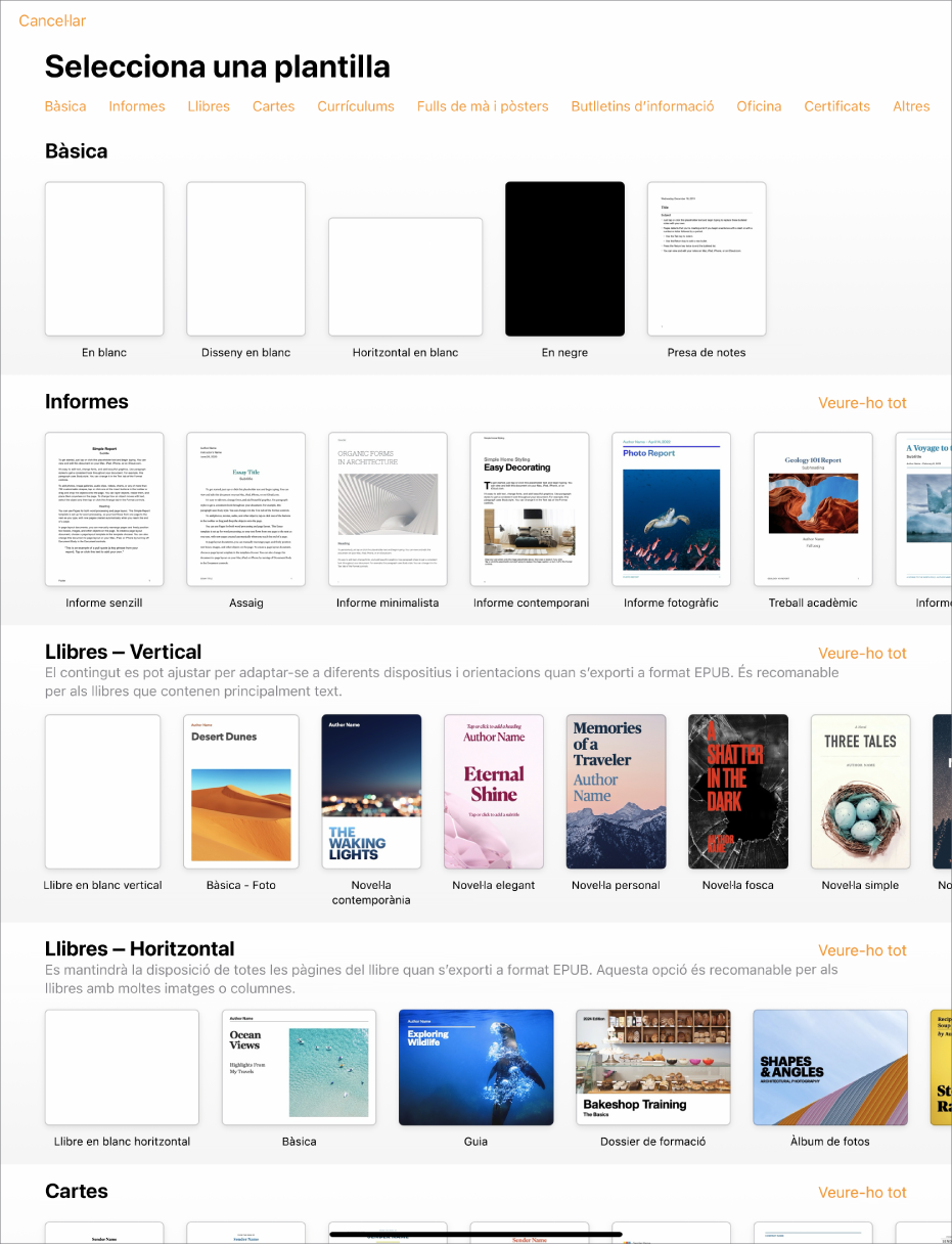 El selector de plantilles, amb una fila de categories a la part superior que pots tocar per filtrar les opcions. A sota hi ha miniatures de plantilles predissenyades ordenades en files per categoria: la primera, a la part superior, és Recents, seguida per Bàsiques i Informes. Es mostra el botó “Mostra-ho tot” a la part superior i a la dreta de cada fila de categories.