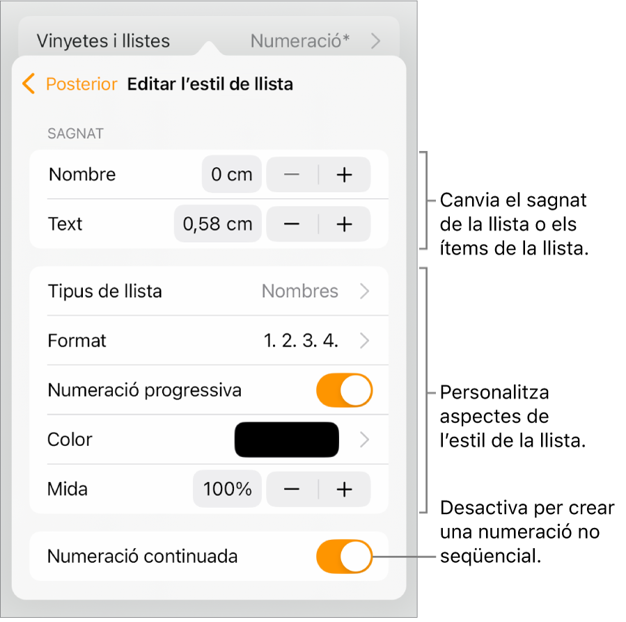 El menú “Edita l’estil de llista” en què es mostren els controls de l’espaiat de sagnat, tipus i format de la llista, numeració progressiva, color i mida de la llista i numeració contínua.