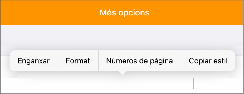 Tres camps de capçalera amb el punt d’inserció al centre d’un dels camps i un menú desplegable en què es mostra l’opció “Números de pàgina”.