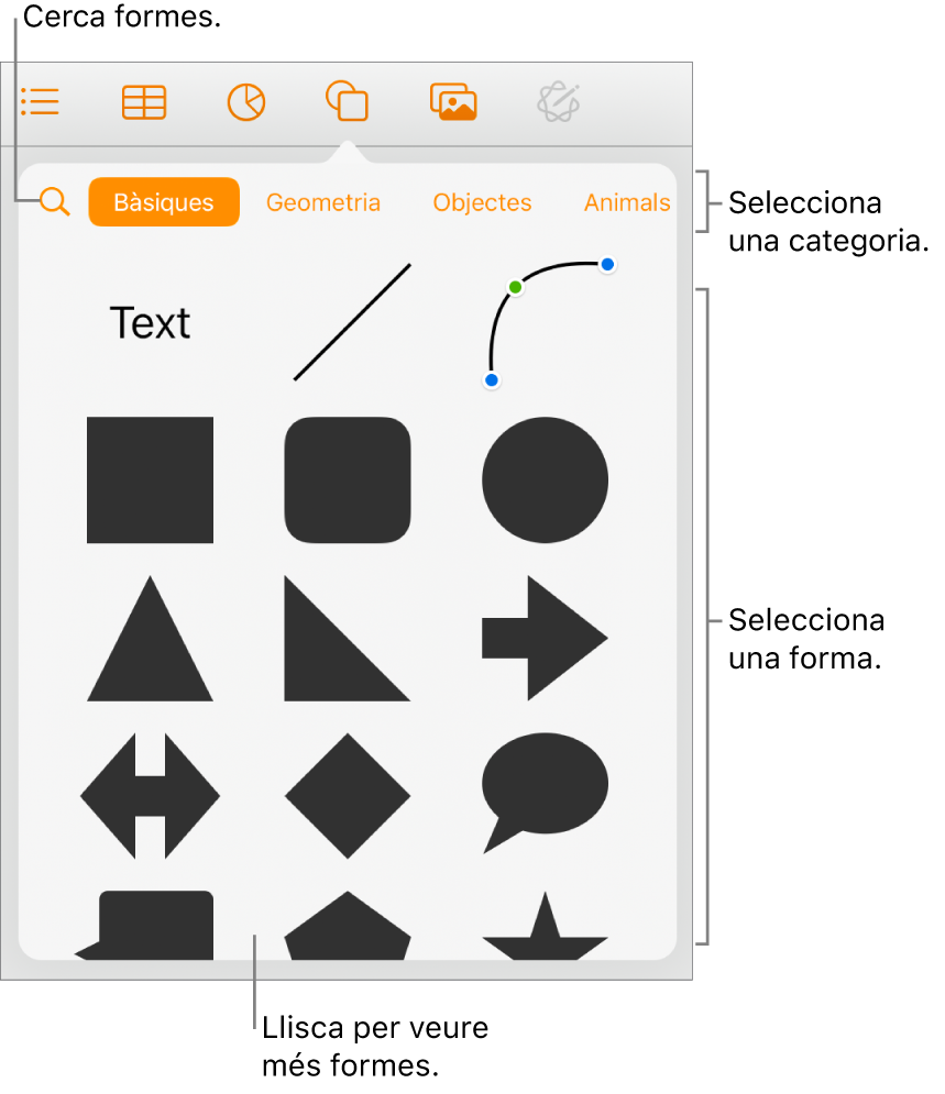 La biblioteca de formes, amb categories a la part superior i les formes a sota. Pots utilitzar el botó de cerca situat a la part superior per trobar formes i passar el dit per veure’n més.