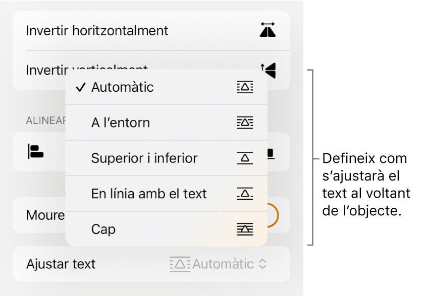 Els controls de format amb la pestanya “Organitza” seleccionada. A sota hi ha els controls de l’opció “Ajusta el text”, amb “Mou a sota/a sobre”, “Mou amb el text” i “Ajusta el text”.