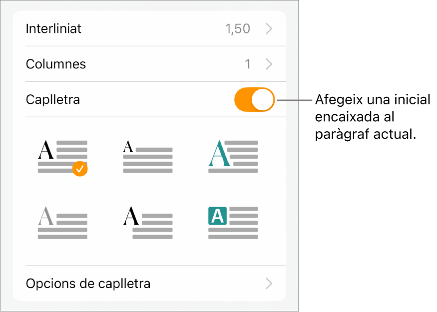 Els controls de caplletra a la part inferior del menú “Text”.