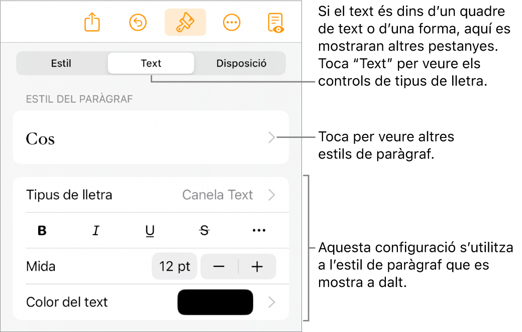 El menú Format amb els controls de text per definir els estils de paràgraf i de caràcter, el tipus de lletra, la mida i el color.