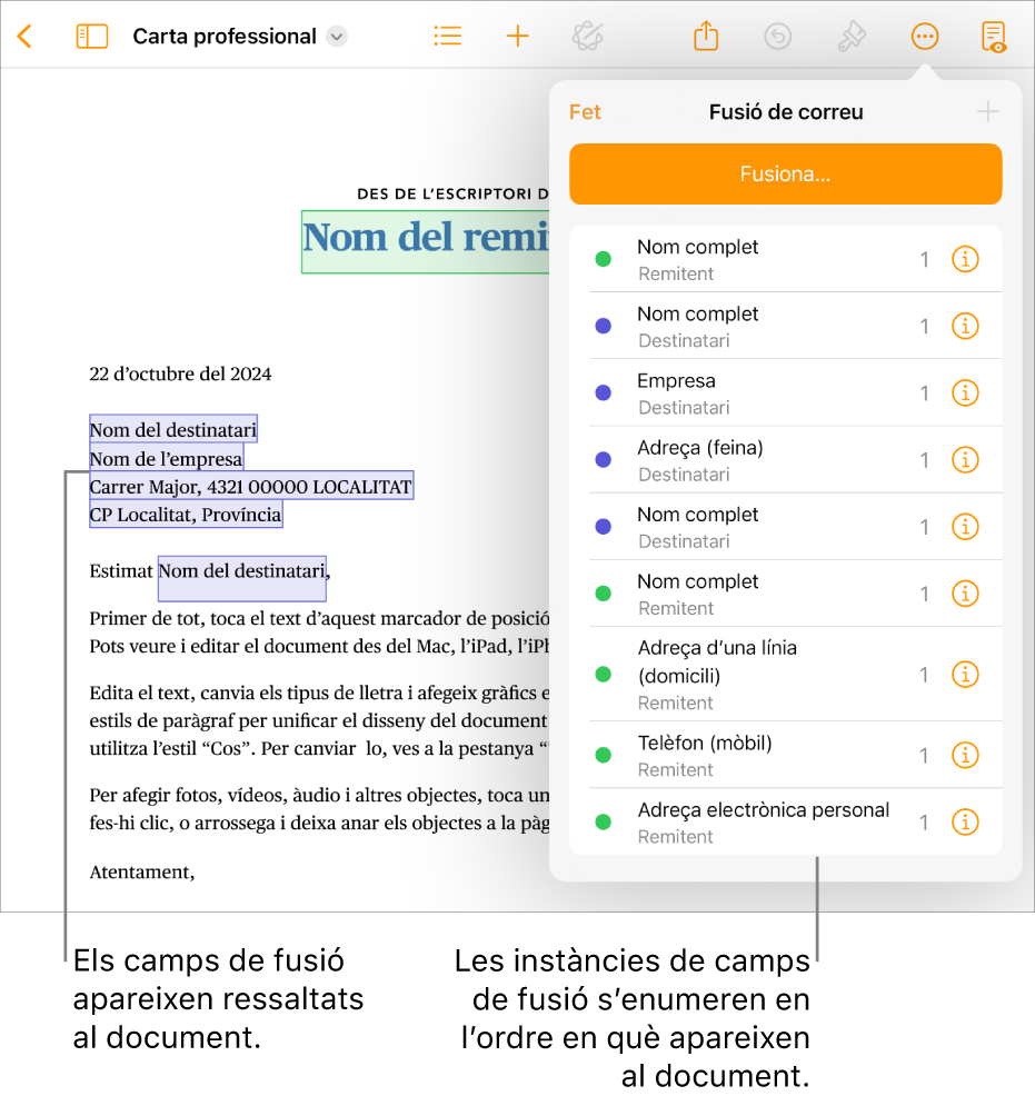 Un document del Pages en què es mostren els camps de fusió de destinatari i remitent, i la llista d’instàncies de camp de fusió visible a la barra lateral del document.