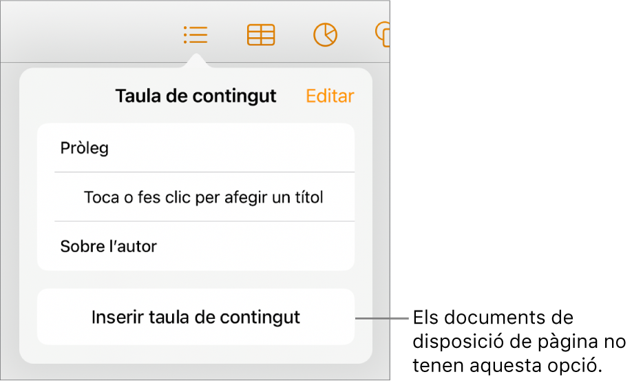 La vista “Taula de continguts” amb “Edita” a l’angle superior dret, entrades de la taula de continguts i el botó “Insereix una taula de continguts” a la part inferior.