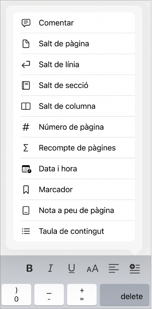 La barra de dreceres, amb els controls d’inserció oberts al damunt del botó “Insereix”.