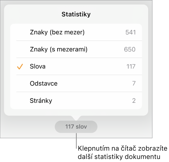 Rozbalená nabídka čítače slov ukazující volby pro zobrazení počtu znaků bez mezer a s mezerami, počet slov, počet odstavců a počet stránek.