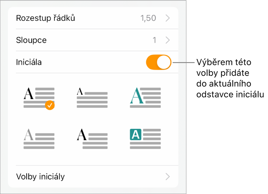 Ovládací prvky pro volbu Iniciála v nabídce Text