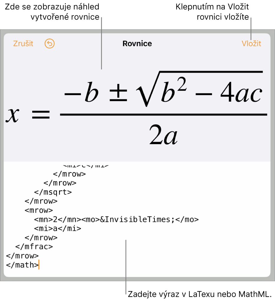 Dialogové okno Rovnice, v němž se zobrazuje zápis rovnice pomocí příkazů jazyka MathML a nad ním náhled výsledného vzorce