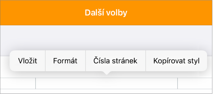 Tři pole záhlaví – v prostředním poli se nachází ukazatel a v místní nabídce je vidět volba Čísla stránek