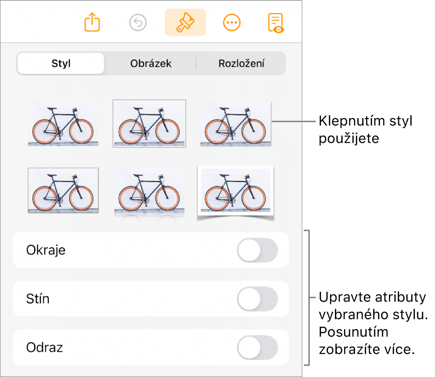 Panel Styl v nabídce Formát se styly objektů u horního okraje. Pod nimi jsou ovládací prvky pro ohraničení, stín, odraz a neprůhlednost.