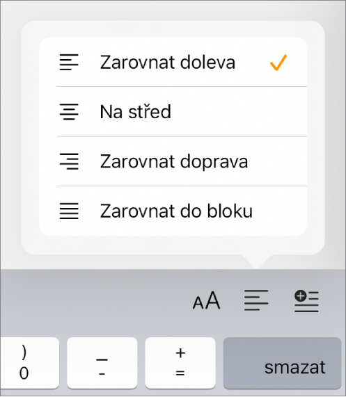 Formátovací panel s ovládacími prvky pro odsazení textu a zarovnání odstavců