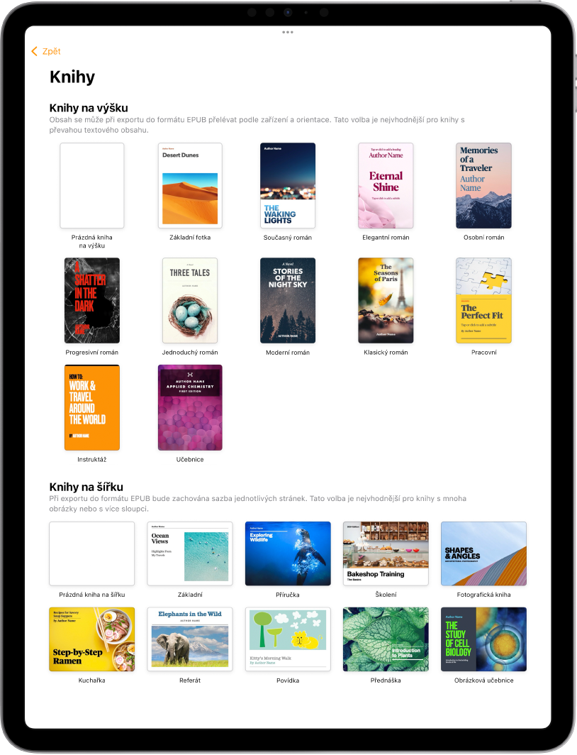 Výběr šablon, v horní části jsou šablony knih s orientací na výšku a v dolní části jsou šablony s orientací na šířku.