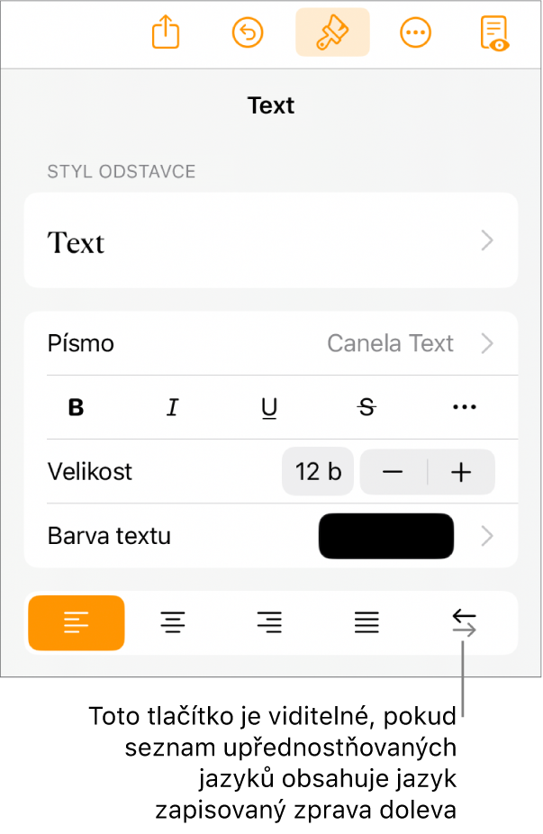 Ovládací prvky v nabídce Formát s popiskem označujícím tlačítko Zprava doleva