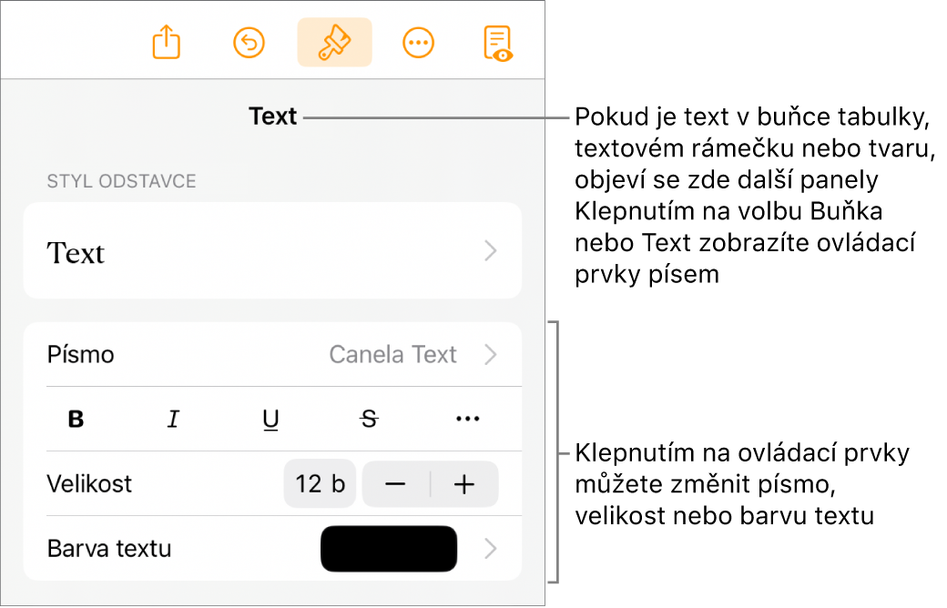Ovládací prvky pro text v nabídce Formát pro nastavení stylů, písma, velikosti a barvy odstavce a znaků