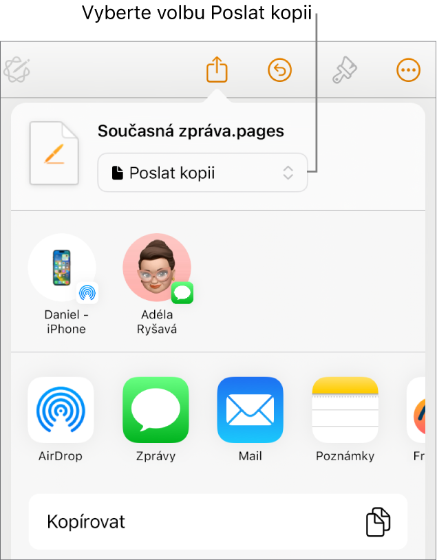 Nabídka sdílení, v níž je nahoře vybraná volba Poslat kopii