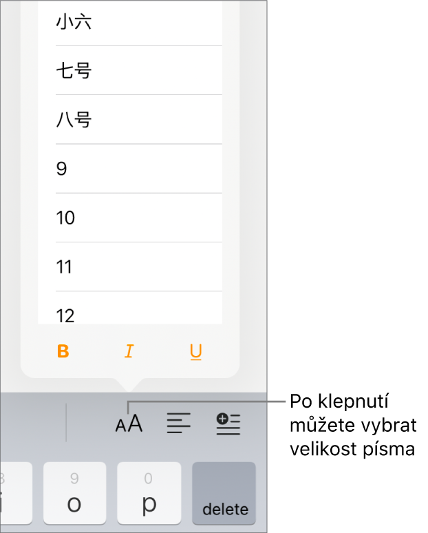 Tlačítko Velikost písma na pravé straně klávesnice iPadu s otevřenou nabídkou Velikost písma. Nejprve jsou v nabídce uvedeny velikosti písma podle státní normy kontinentální Číny a za nimi standardní velikosti písma v bodech