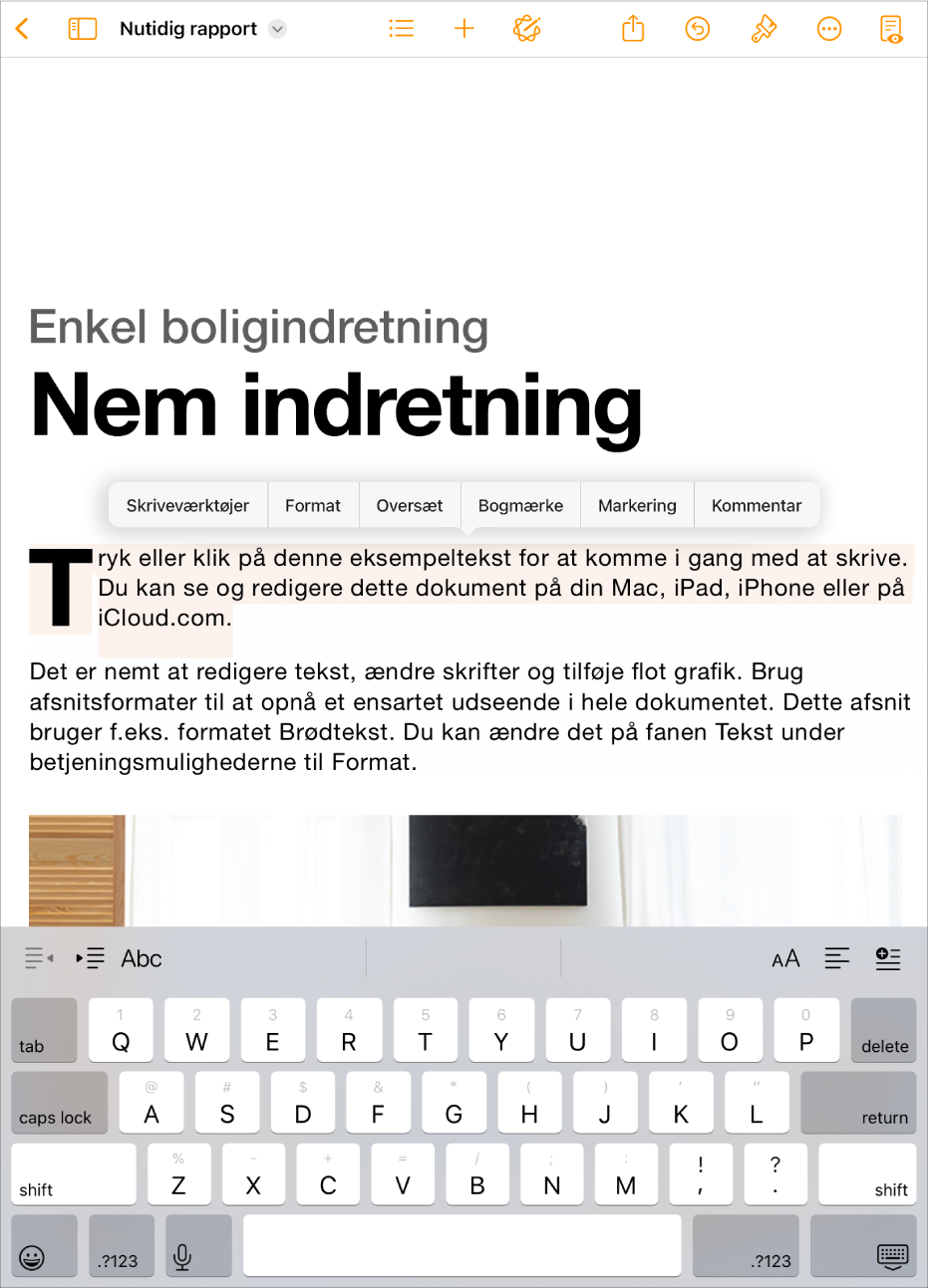 Et åbent Pages-dokument med valgt eksempeltekst.