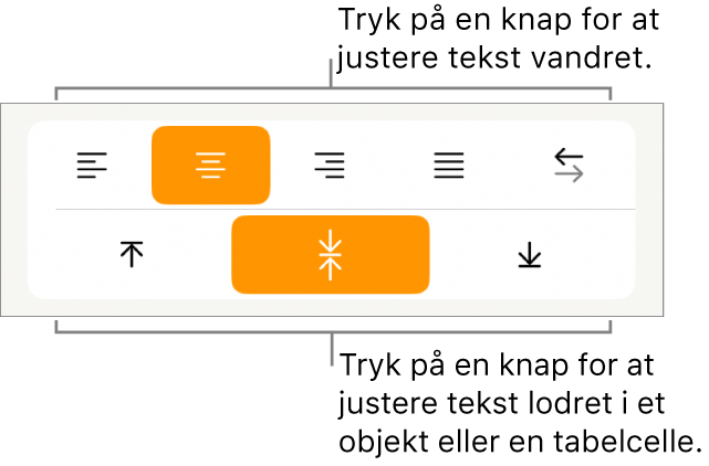 Vandrette og lodrette justeringsknapper til tekst.