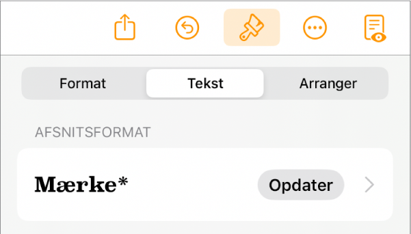 Afsnitsformatet Brødtekst med en stjerne og knappen Opdater til højre.
