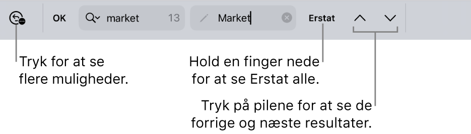 Betjeningsmulighederne til Find og erstat over tastaturet med billedforklaringer til knapperne Søgeindstillinger, Erstat, Gå op og Gå ned