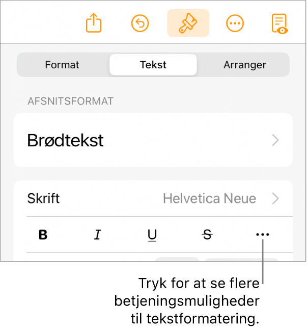 Fanen Tekst i betjeningsmulighederne til Format med en billedforklaring til knappen Flere tekstindstillinger.