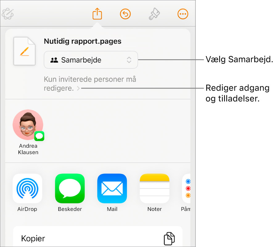 Menuen Del med Samarbejde valgt øverst og adgangs- samt tilladelsesindstillinger nedenunder.