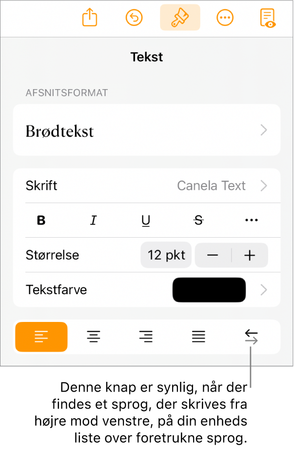 Betjeningsmuligheder til tekst på Formatmenuen med billedforklaring til knappen Højre mod venstre.