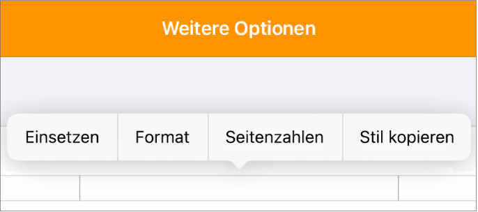 Drei Kopfzeilenfelder mit der Einfügemarke im mittleren Feld und einem Einblendmenü, das „Seitenzahlen“ anzeigt.