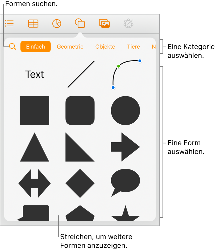 Die Formensammlung mit Kategorien oben und Formen darunter. Du kannst die oben angezeigte Taste zum Suchen verwenden, um Formen zu finden. Durch Streichen kannst du weitere Formen anzeigen.