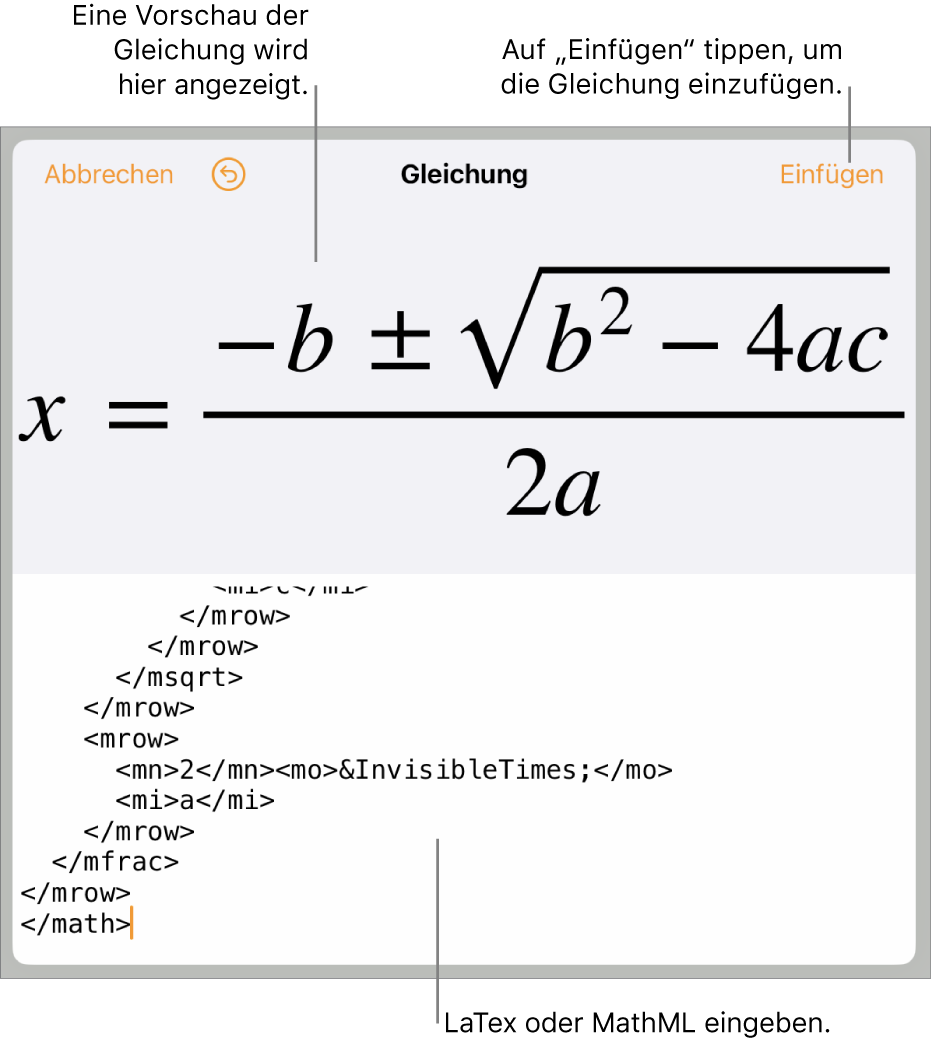 Im Dialogfenster „Gleichung“ wird eine Gleichung angezeigt, die mit MathML-Befehlen geschrieben wurde, darüber wird eine Vorschau der Formel angezeigt.