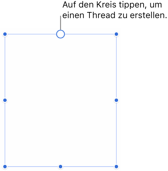 Ein leeres Textfeld mit einem Kreis oben und Aktivpunkten für die Größenänderungen an den Ecken, Seiten und unten